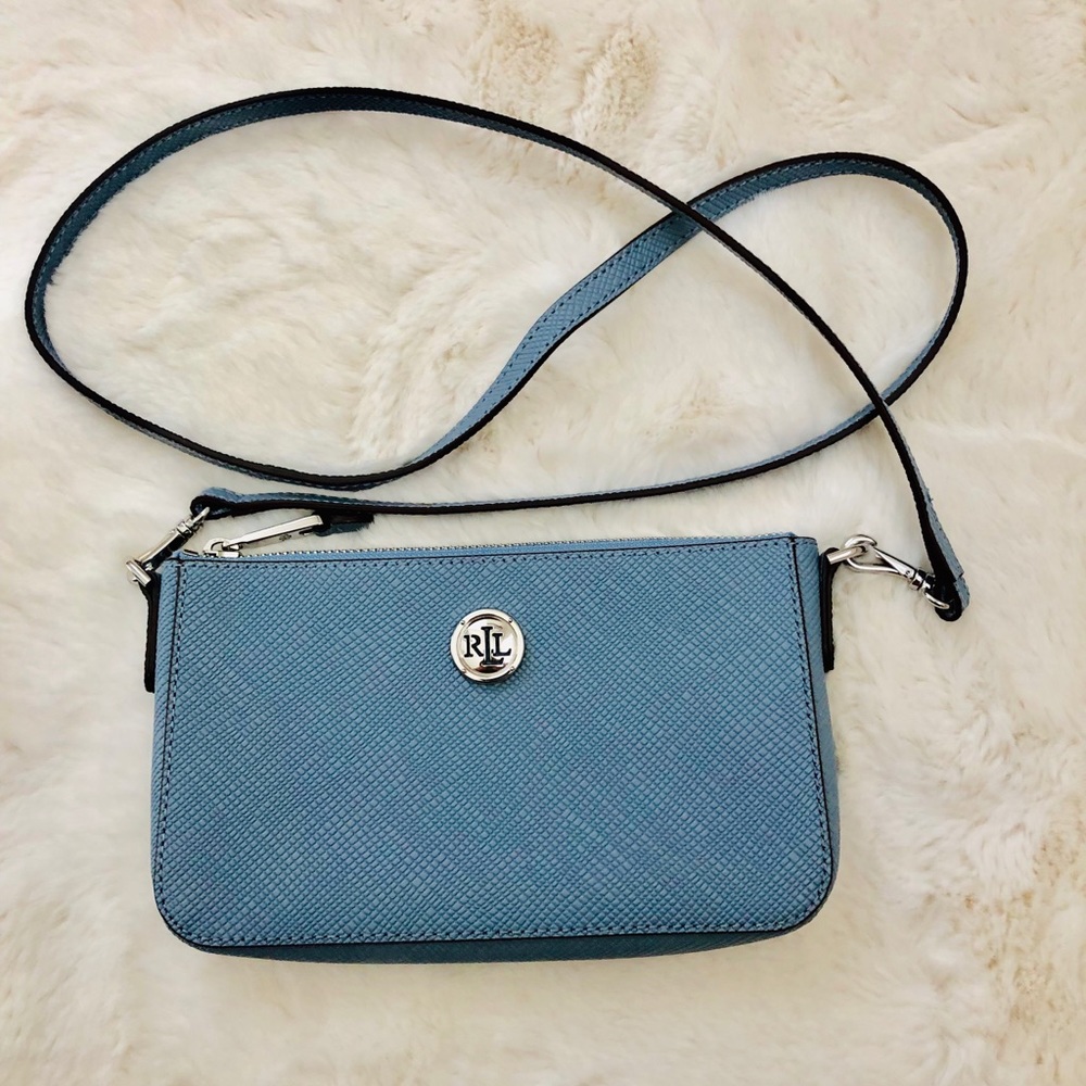 ✨Lauren Ralph Lauren Light Baby Blue Leather Crossbody Bag Summer Preppy Resort - Picture 1 of 8